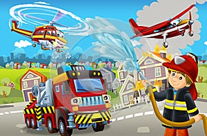 Cartoon scene with fireman car vehicle near burning building - illustration for children