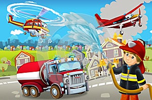 Cartoon scene with fireman car vehicle near burning building - illustration for children