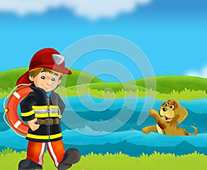 cartoon scene with fireman lifeguard recuing dog from drowning in river stream illustration for children