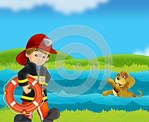 cartoon scene with fireman lifeguard recuing dog from drowning in river stream illustration for children