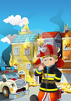 Cartoon scene with fireman vehicle on the road - illustration for children
