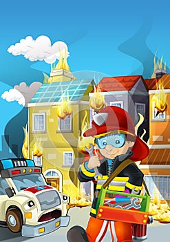 Cartoon scene with fireman vehicle on the road - illustration for children