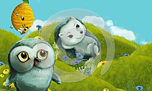 Cartoon scene with forest animal on the meadow having fun - illustration photo