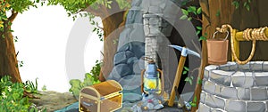 Cartoon scene in the forest with hidden entrance to the old mine with white background space for text illustration for children