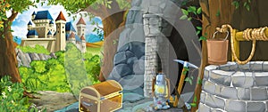 Cartoon scene in the forest with hidden mystery entrance to the old mine kingdom castle in the background - illustration for kids