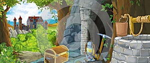 Cartoon scene in the forest with hidden mystery entrance to the old mine kingdom castle in the background - illustration for kids