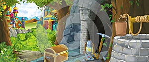 Cartoon scene in the forest with hidden mystery entrance to the old mine kingdom castle in the background - illustration for kids