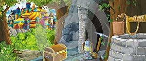 Cartoon scene in the forest with hidden mystery entrance to the old mine kingdom castle in the background - illustration for kids