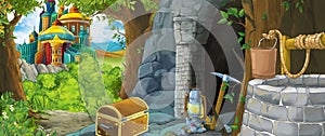Cartoon scene in the forest with hidden mystery entrance to the old mine kingdom castle in the background - illustration for kids