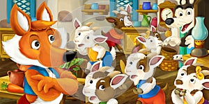 Cartoon scene with fox looking at little goats children in old fashioned house