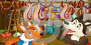 Cartoon scene of fox and wolf stealing food from the basement