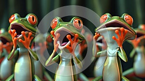 Cartoon scene of a frog belting out a highpitched tune while the judges cover their ears in agony. His fellow