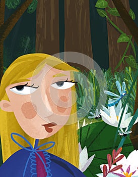 Cartoon scene with frog bugs and princess