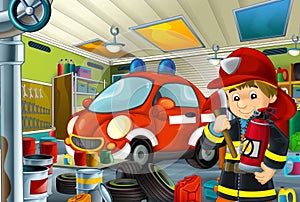 Cartoon scene with garage fireman mechanic working repearing some vehicle - fireman car - or cleaning work place