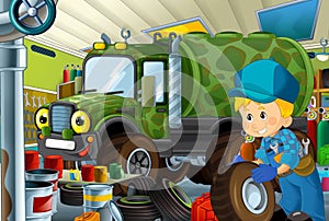 Cartoon scene with garage mechanic working repairing some vehicle - military car - or cleaning work place