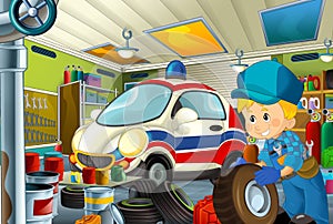 Cartoon scene with garage mechanic working repearing some vehicle - ambulance car - or cleaning work place