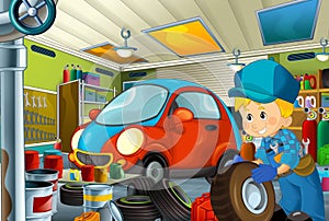 Cartoon scene with garage mechanic working repearing some vehicle - city car - or cleaning work place