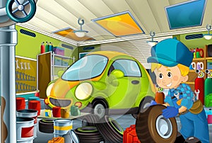 Cartoon scene with garage mechanic working repearing some vehicle - city car - or cleaning work place