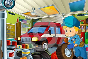 Cartoon scene with garage mechanic working repearing some vehicle - fireman car - or cleaning work place