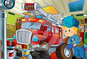 Cartoon scene with garage mechanic working repearing some vehicle - fireman car - or cleaning work place