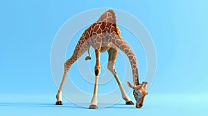 Cartoon scene of a giraffe attempting the downwardfacing dog pose but struggling to keep its long neck from toppling