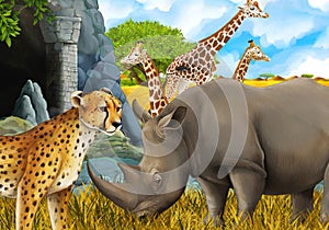 cartoon scene with giraffes rhinoceros rhino and cheetah on the meadow near some mountain safari illustration for children