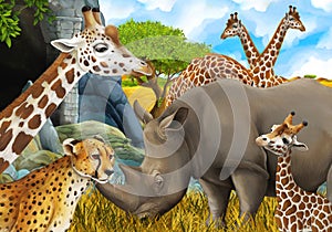 cartoon scene with giraffes rhinoceros rhino and cheetah on the meadow near some mountain safari illustration for children