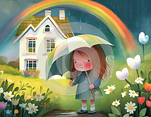 Cartoon scene with girl in the cottage garden under umbrella and with rainbow. Illustration for children\'s book.
