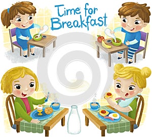 cartoon scene with girl little lady and boy eating healthy breakfast illustration for kids