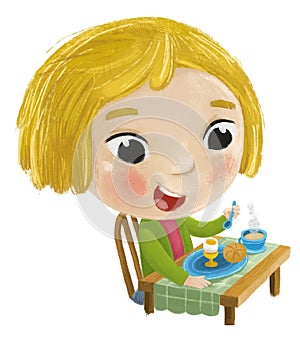 cartoon scene with girl little lady eating healthy breakfast illustration for children