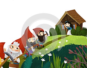 Cartoon scene with girl princess and dwarfs in the forest photo