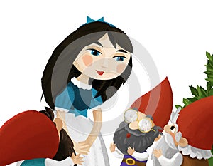 Cartoon scene with girl princess and dwarfs illustration