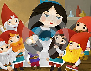 Cartoon scene with girl princess and dwarfs illustration photo
