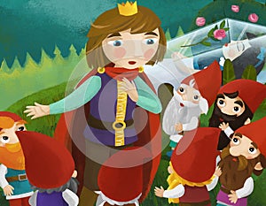 Cartoon scene with girl princess prince and dwarfs illustration photo