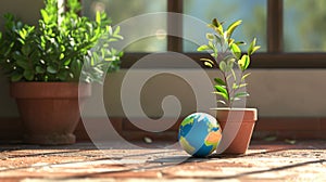 Cartoon scene of globes playing a game of hide and seek with one globe hilariously camouflaged as a potted plant