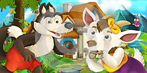 Cartoon scene with goat and wolf near village house