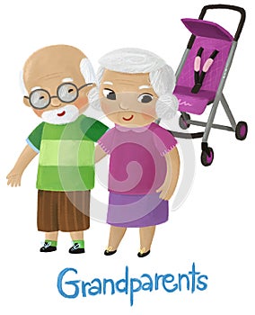 cartoon scene with grandfather and grandmother near baby carriage playing on white background illustration for children