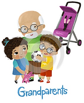 cartoon scene with grandfather and kids girl and boy near baby carriage playing on white background illustration for children