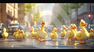 Cartoon scene A group of ducks waddling through a busy city street causing chaos as they quack and honk their way past photo