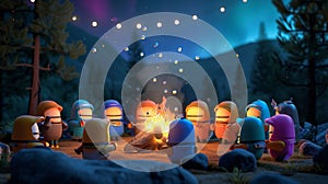 Cartoon scene of a group of helmets gathered around a campfire roasting marshmallows and singing safetythemed campfire