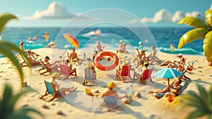 Cartoon scene of a group of Lilliputian sunbathers trying to fit their tiny beach chairs into the sand only to comically photo