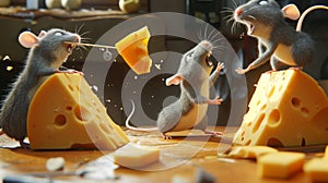 Cartoon scene of a group of mischievous mice plotting their cheese heist in the dead of night. One mouse uses a photo