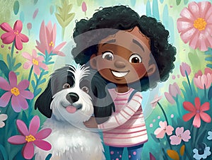 Cartoon scene with happy African American girl with her dog. Illustration for children's book. Generative AI