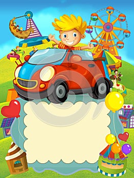Cartoon scene with happy child in toy car - boy near amusement car