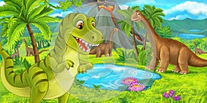 Cartoon scene with happy dinosaur tyrannosaurus rex near erupting volcano and diplodocus