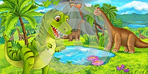 Cartoon scene with happy dinosaur tyrannosaurus rex near erupting volcano and diplodocus