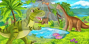 Cartoon scene with happy dinosaur tyrannosaurus rex near erupting volcano and diplodocus - illustration for childrencartoon scene