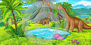 Cartoon scene with happy dinosaurs - diplodocus nevolcano - illustration for children