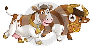 cartoon scene with happy farm animal cow and bul looking and smiling having fun together isolated illustration for children