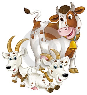 cartoon scene with happy farm animals cow and two goats having fun together isolated illustration for children